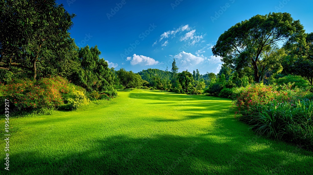 Fototapeta premium Lush Green Garden Path: Sunlit Lawn with Vibrant Flower Beds