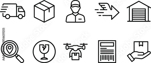 Logistics and delivery icons for various transportation methods and services