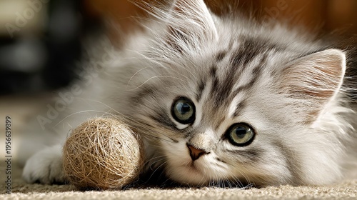 Fluffy Silver Kitten with Blue Eyes: Adorable Playful Pet Portrait