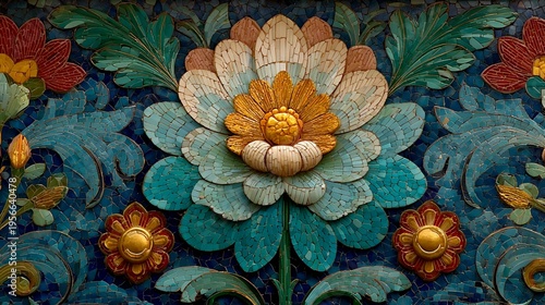 Vibrant Mosaic Art: Intricate Floral Design with Gold Accents