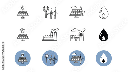 Collection of icons representing various natural and human-made symbols Vector
