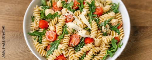 Vibrant Fusilli Pasta Salad Close-up of delicious fusilli with juicy cherry tomatoes, peppery arugula, mini mozzarella and shaved Parmesan, a fresh light meal. pasta, summer salad