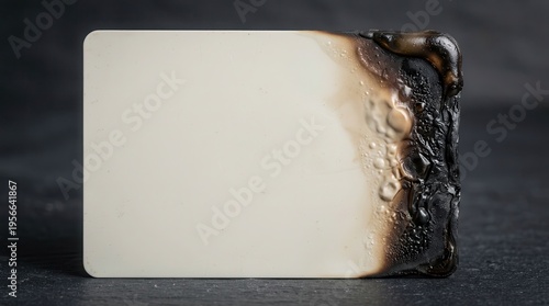 Burnt plastic card with charred edges and melted surface on a dark textured background, showcasing damage from heat exposure and fire
