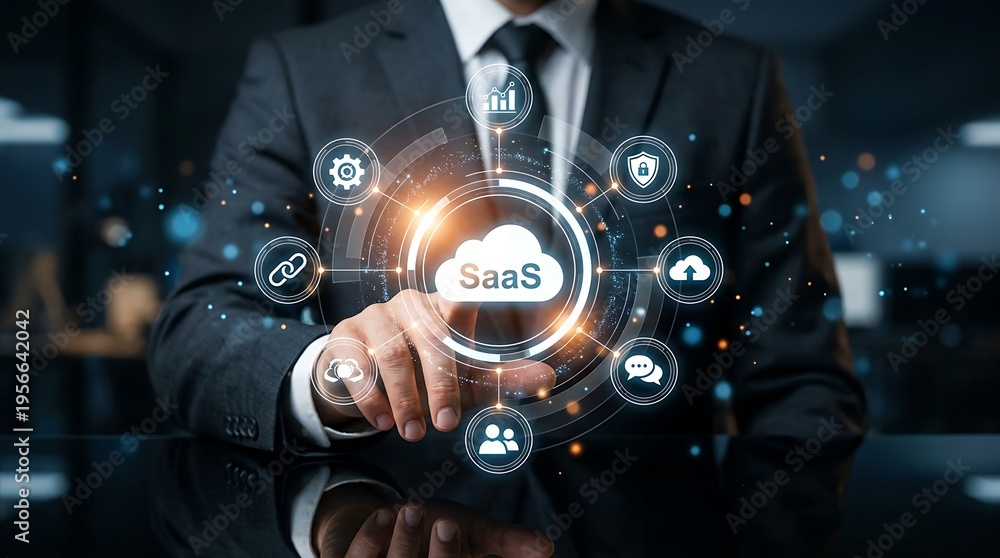 Fototapeta premium Businessman Interacting with Futuristic SaaS Cloud Computing Interface for Digital Transformation and Enterprise Software Solutions
