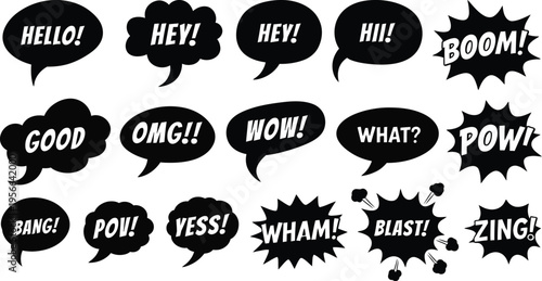 Comic book action speech bubbles with boom pow wham and hello text