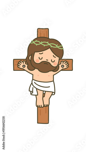 Cute kawaii Jesus crucified on wooden cross with crown of thorns on white background