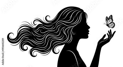 Elegant black silhouette of a beautiful woman with long flowing hair and butterflies landing on her finger isolated on white background.