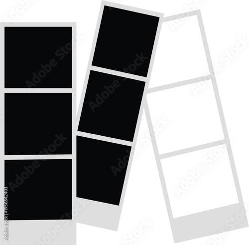 Set of three vertical photo booth strips with empty frames, blank photo templates for memories and creative projects
