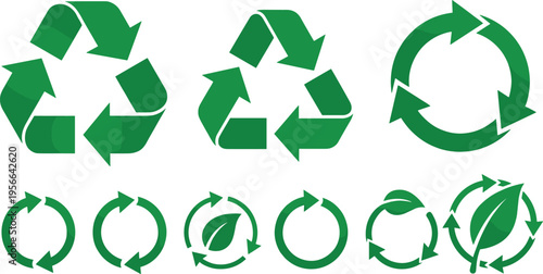 Green recycling icons collection, eco arrows symbols set, circular loop designs, sustainability concept, environmental protection, reuse reduce recycle vector illustration