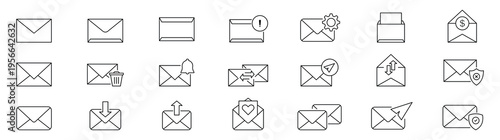 Minimalist line email icon set with editable stroke featuring inbox, message, envelope, notification, mailing, and interface symbols. email letter message icon set. Open envelope icon elements. EPS 10