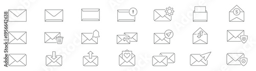 Minimalist line email icon set with editable stroke featuring inbox, message, envelope, notification, mailing, and interface symbols. email letter message icon set. Open envelope icon elements. EPS 10