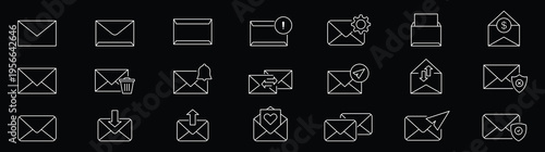 Minimalist line email icon set with editable stroke featuring inbox, message, envelope, notification, mailing, and interface symbols. email letter message icon set. Open envelope icon elements. EPS 10