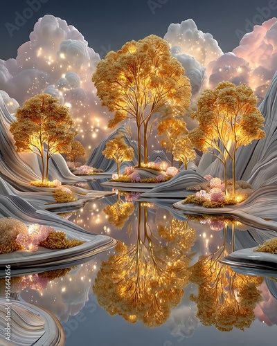 Ethereal golden trees calm reflection high resolution picture