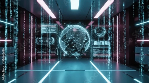Futuristic digital cyberspace corridor with holographic earth interface showcasing global data connections and network security systems.