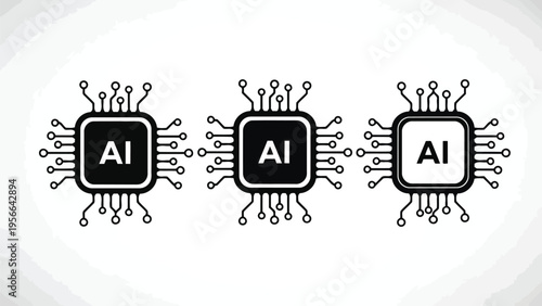 Three stylized icons representing artificial intelligence and machine learning concepts. Vector
