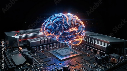 Digital brain of AI hovering over a computer motherboard. Artificial intelligence and machine learning concept. Futuristic glowing neural network on a circuit board