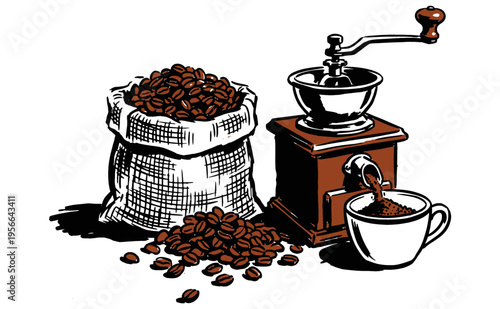 Coffee club artwork for t shirt print, poster, sticker and other uses. Coffee beans, coffee grinder, cup, vector artwork