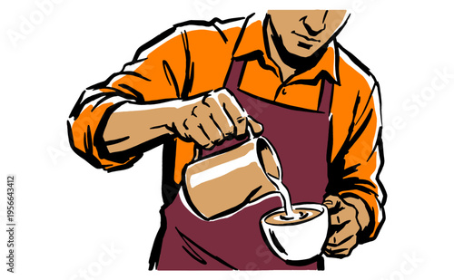 Barista pouring milk for latte art. Coffee shop professional illustration for t-shirt print, poster, and cafe branding. Hand drawn vector.