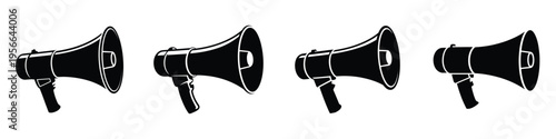 Set of Megaphone Speaker Icons for International Workers Day, May Day Labor Protest, and Workers Rights Activism Concept. Black and White Bullhorn Vector Illustrations for Rally and Social Justice