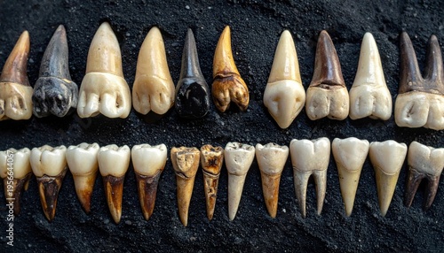 A captivating collection of fossilized teeth, distinct in various sizes and forms, carefully arranged neatly in two rows on a dark, textured background.