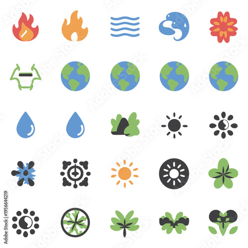 Set of nature vector icons with flowers leaves sun trees and eco elements
