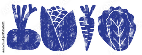 Linocut vegetable set in blue: beet, artichoke, carrot, lettuce. Handdrawn ink hatching illustration, woodcut engraving style. Isolated organic food icons