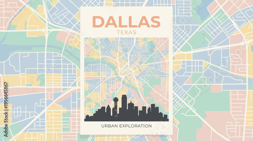 A vector graphic illustration of the Dallas Texas city skyline with a map background and urban exploration theme