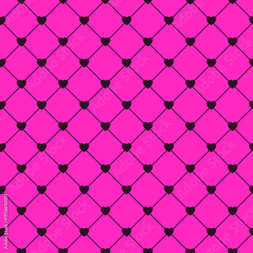 Emo pop punk seamless pattern with black hearts on pink fishnet background. Alternative aesthetic vector for fashion and textile design.