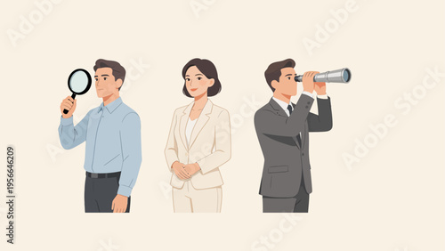 Three business people with magnifying glass and telescope