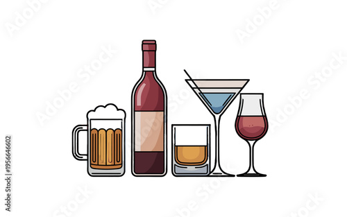 Assortment of beverages, each in its unique glassware.