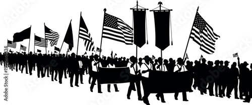 A group of people marching with american flags and banners