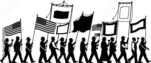 Silhouette of a civil war era military unit marching with flags