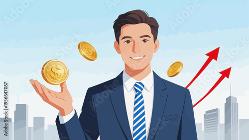 Businessman with coins and growth arrows