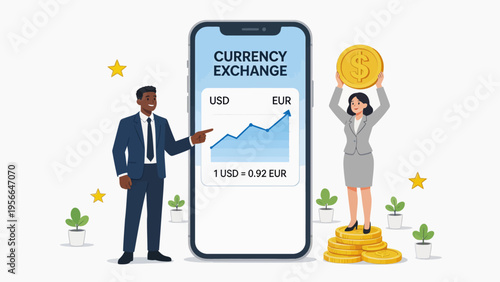 Business people with currency exchange app