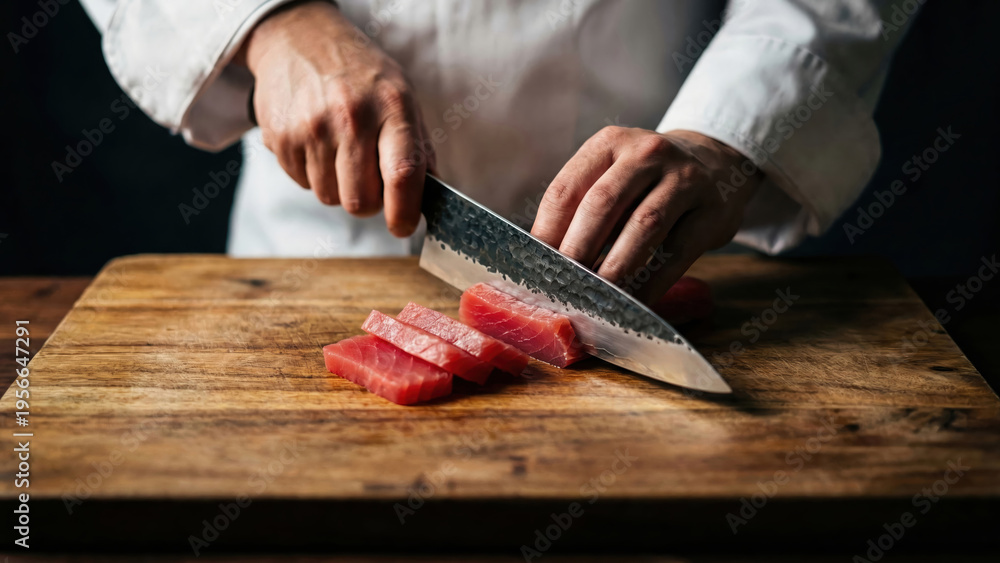Obraz premium A professional chef slicing fresh raw tuna with a sharp knife on a wooden cutting board.