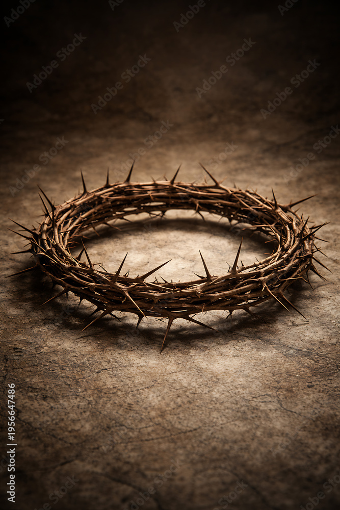 Fototapeta premium A realistic close up of a crown of thorns lying on a textured stone floor to represent the suffering of jesus christ for good friday