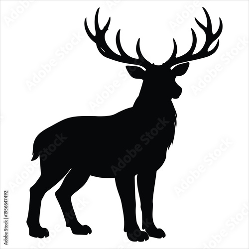 A black silhouette of a deer with antlers on a white background