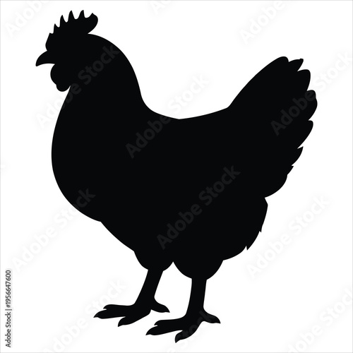 A black silhouette of a chicken on a white background