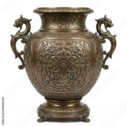 Vintage bronze ornate vase with dragon handles and floral baroque relief carving