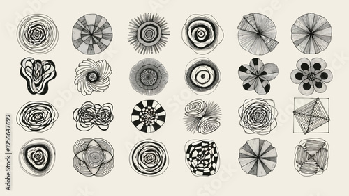 Intricate geometric patterns featuring symmetrical mandala-like designs in black and white Vector