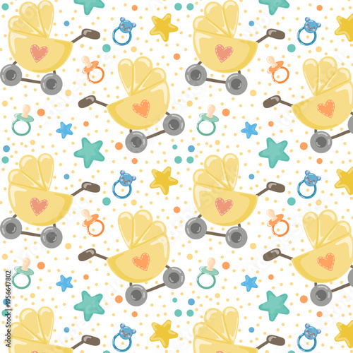 Baby shower seamless pattern with yellow strollers, pacifiers and rattles. Cartoon nursery background for fabric and wallpaper.