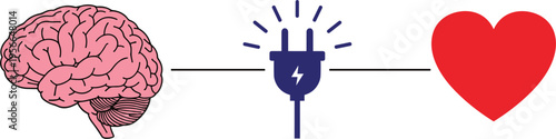 Brain to heart connection vector illustration with electric plug symbol, mind and emotion balance concept isolated on white background.
