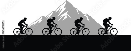Cyclist silhouette vector illustration with group of riders and mountain background, outdoor biking adventure scene isolated on white background.