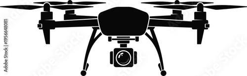 Drone vector silhouette illustration with camera, aerial technology device and quadcopter aircraft symbol isolated on white background.