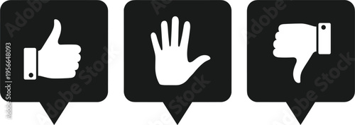 Feedback vector icon set with like, hand and dislike symbols, social reaction message bubbles isolated on white background.