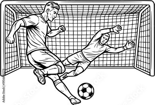 Soccer player kicking penalty shot line art for sports design