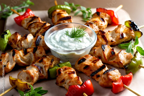 Close-up of grilled Mediterranean chicken kabobs on wooden skewers with bell peppers and onions, served with a bowl of creamy tzatziki yogurt dip and fresh herbs.