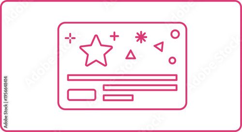 Web interface card vector illustration with outline star, buttons and geometric symbols, modern UI dashboard design element isolated on white background.