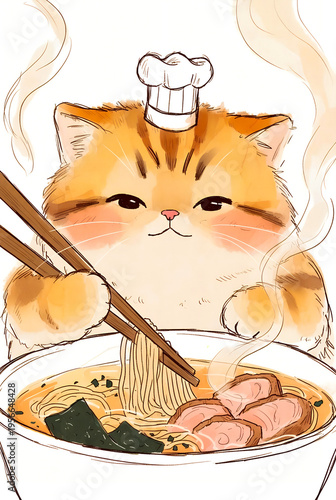 Hand Drawn Kawaii Illustration of a Chubby Tabby Cat Wearing a Chef Hat Eating Steaming Hot Ramen Bowl with Meat and Seaweed