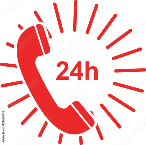 24 hour phone service vector icon with red handset and support symbol, emergency hotline concept isolated on white background.